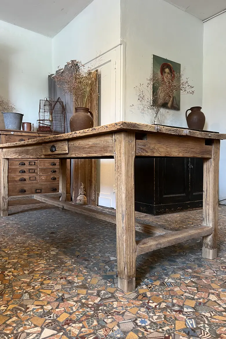 Ancienne table rustique en sapin avec une rallonge XIXème