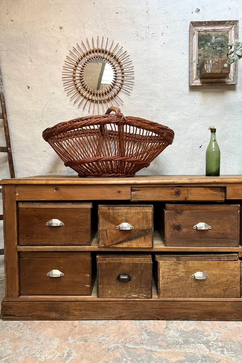 Ancien meuble de mercerie avec boîtes de rangement Début XXème