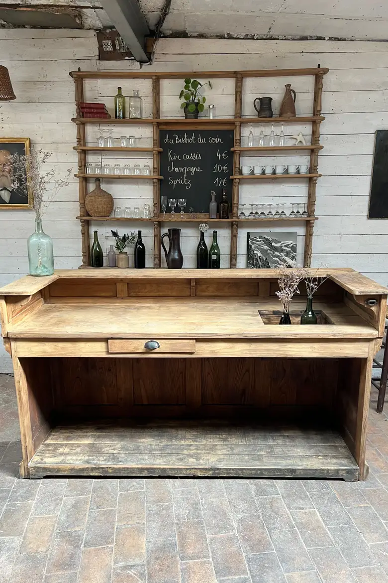 Ancien comptoir de café en orme Début XXème