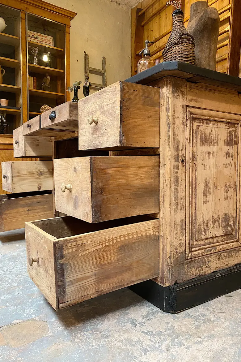Ancien comptoir de café en sapin Début XXème
