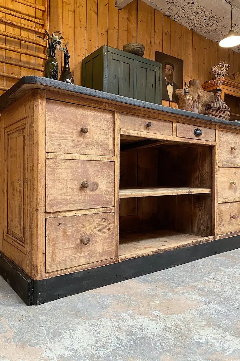 Ancien comptoir de café en sapin Début XXème