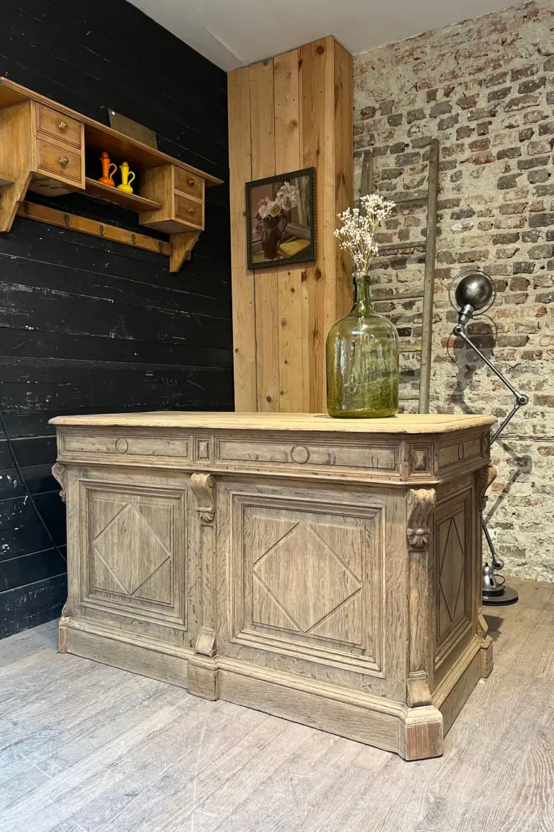 Ancien comptoir de caisse en chêne Début XXème