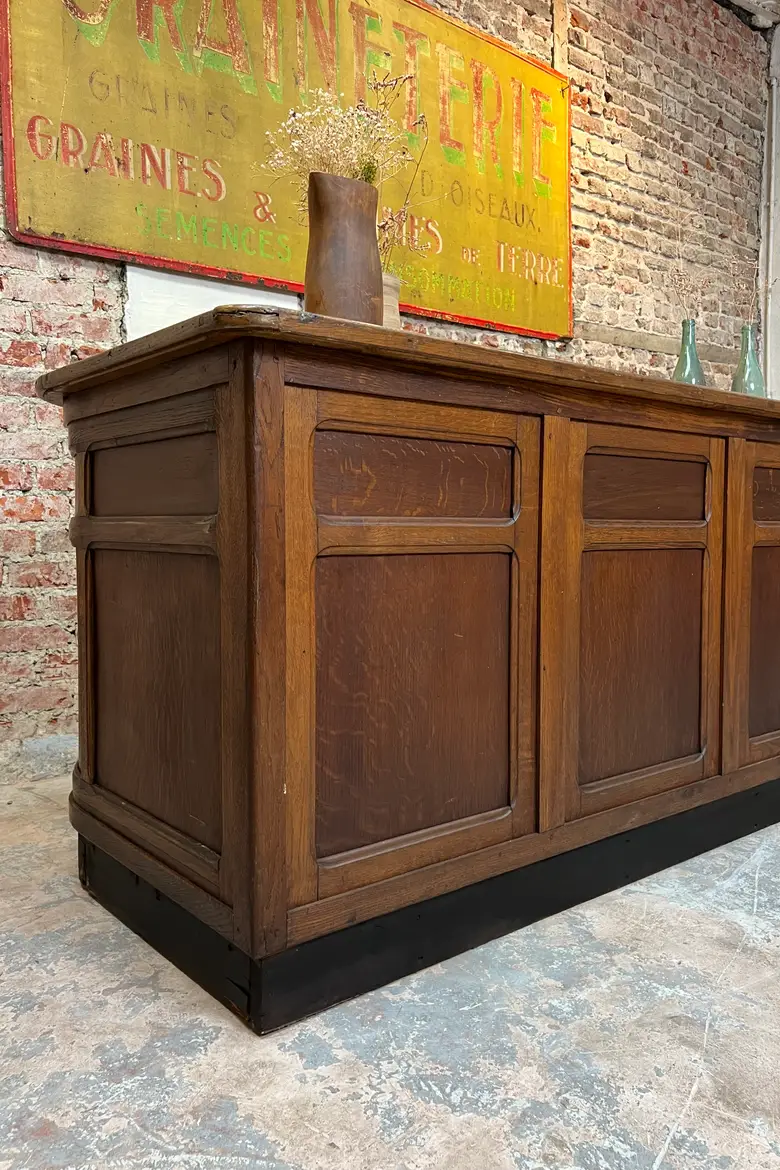 Ancien comptoir de mercerie en chêne – Années 50
