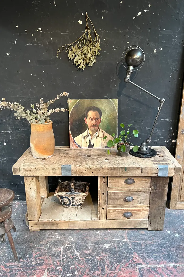 Ancien établi à tiroirs en bois Début XXème