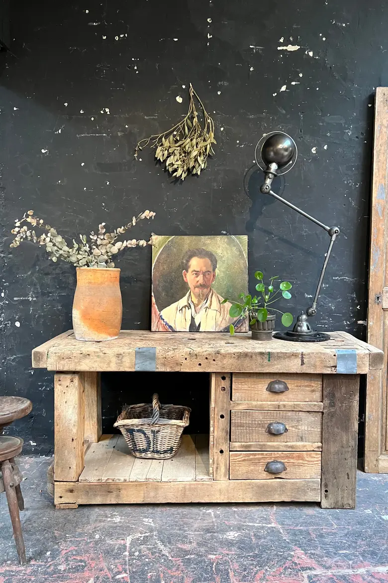 Ancien établi à tiroirs en bois Début XXème