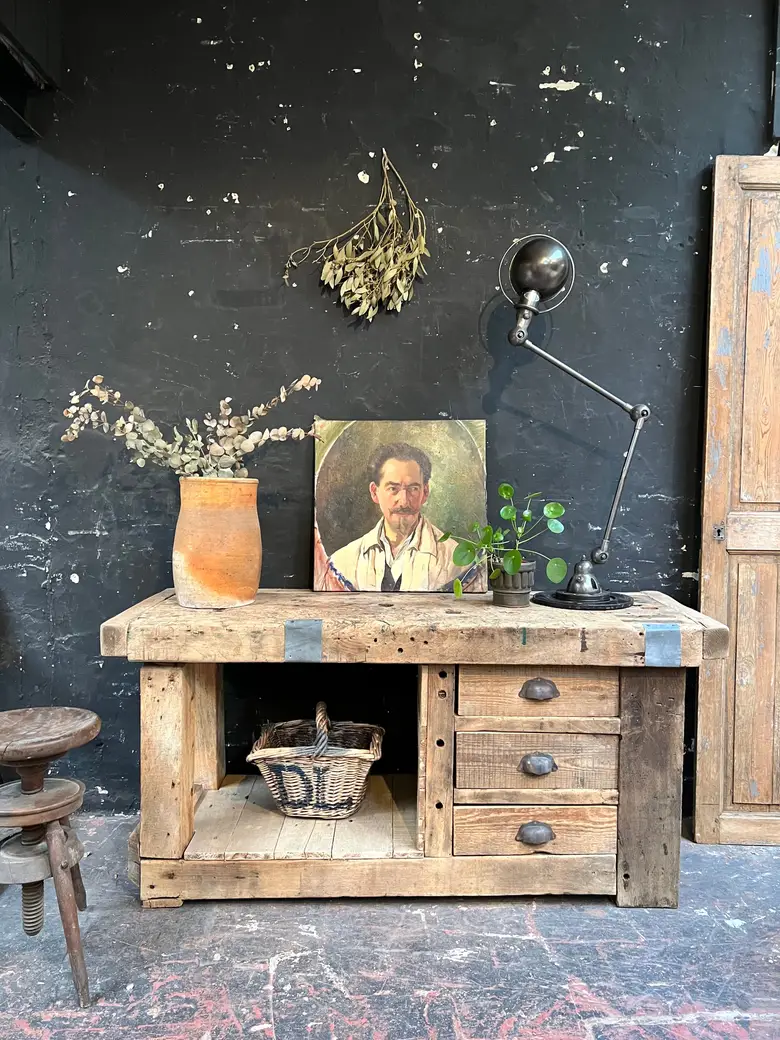 Ancien établi à tiroirs en bois Début XXème