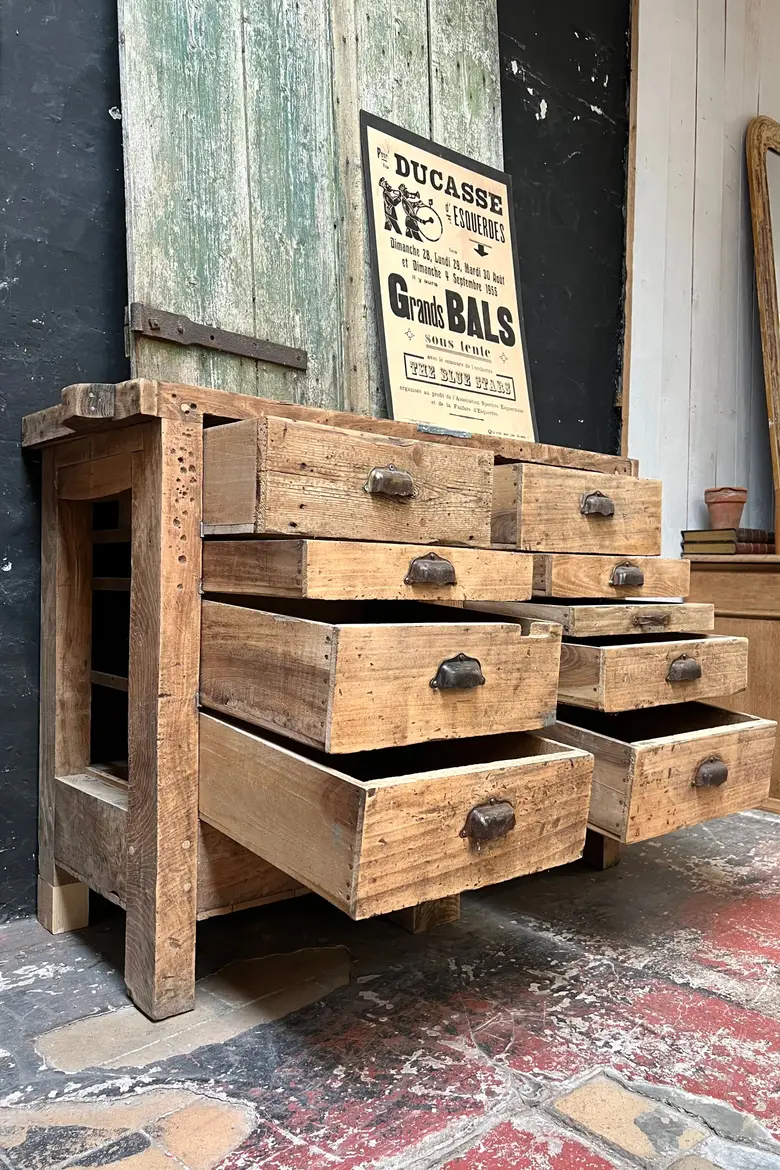 Ancien établi à tiroirs en bois Début XXème