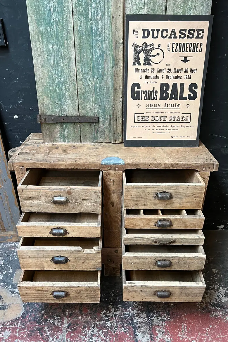 Ancien établi à tiroirs en bois Début XXème
