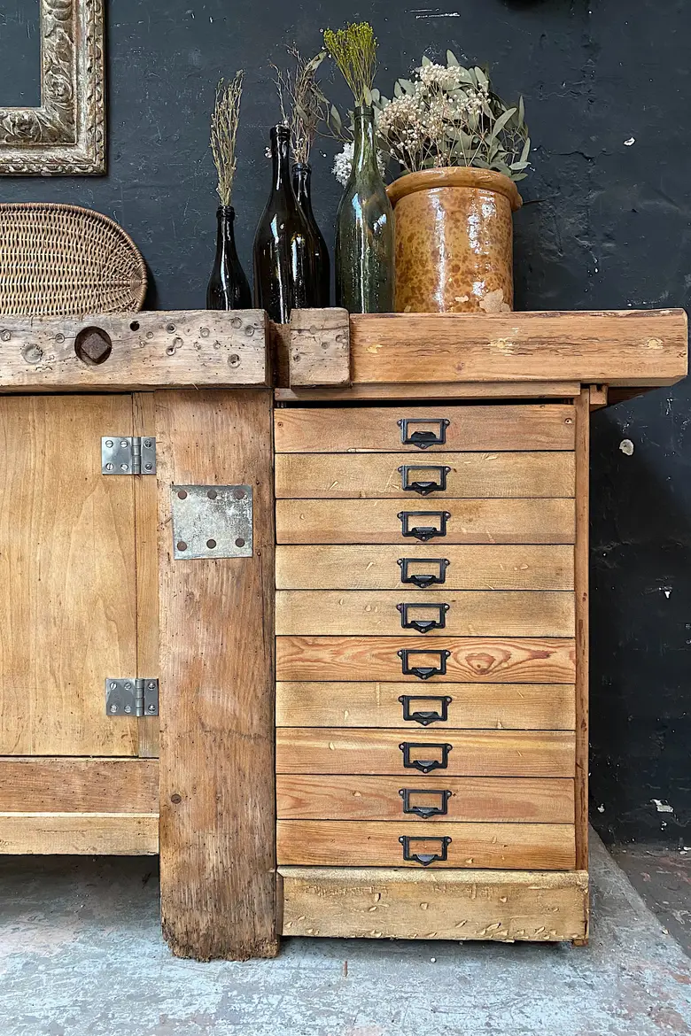 Ancien établi d’atelier en bois Début XXème