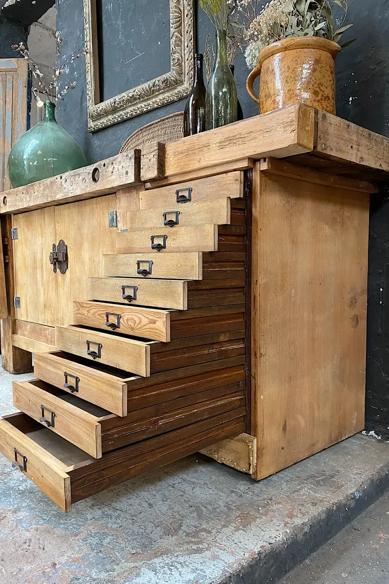 Ancien établi d’atelier en bois Début XXème