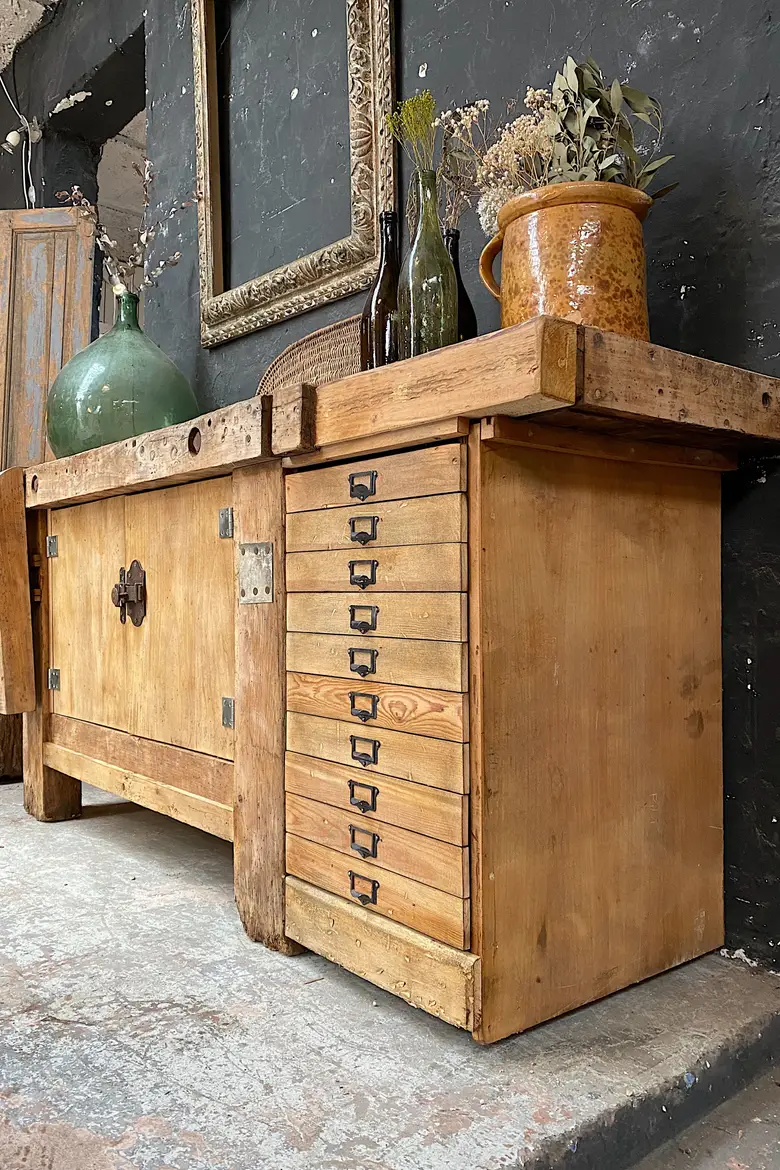 Ancien établi d’atelier en bois Début XXème