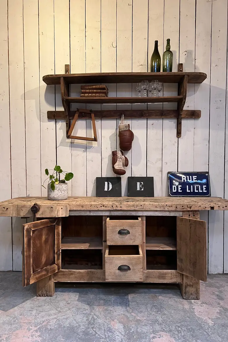 Ancien établi en bois brut Début XXème