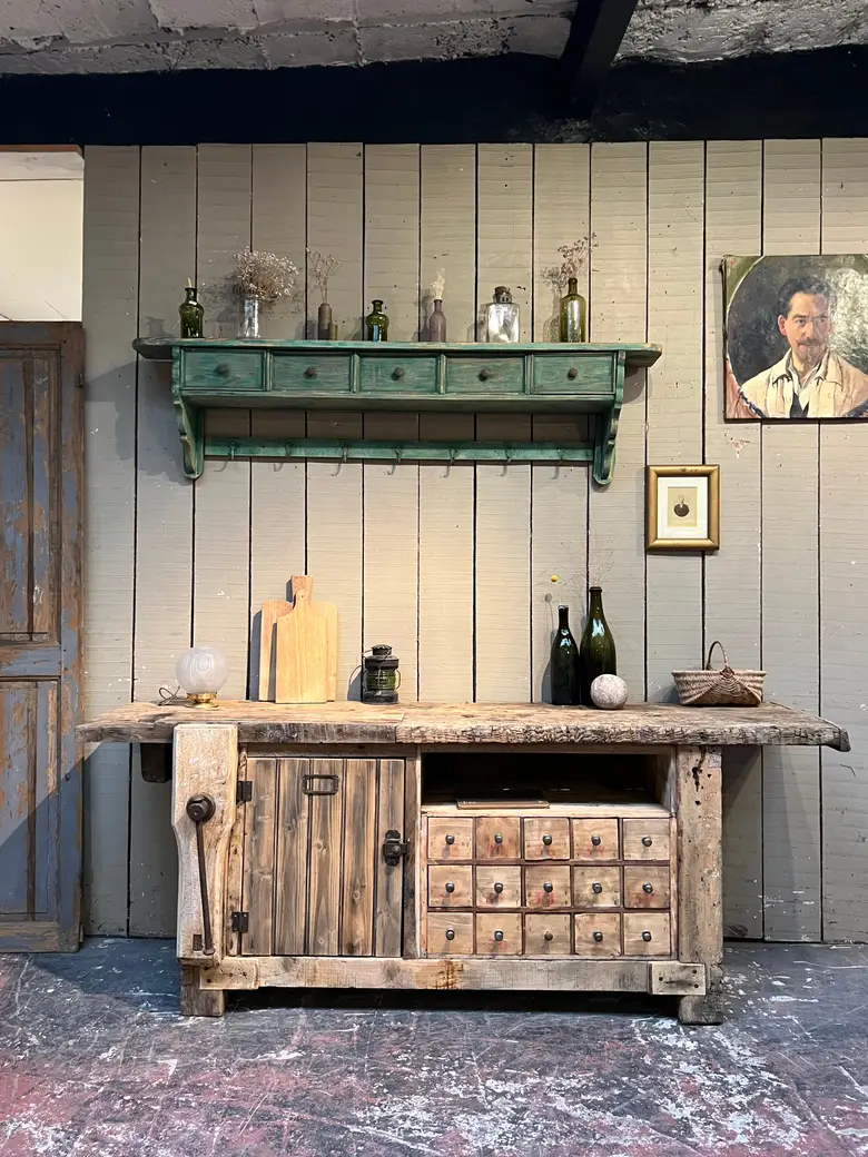 Ancien établi en bois brut Début XXème