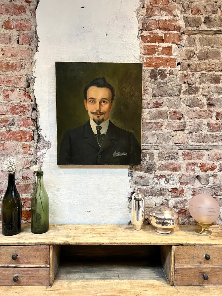 Ancien portrait d’ancêtre homme sur toile Début XXème