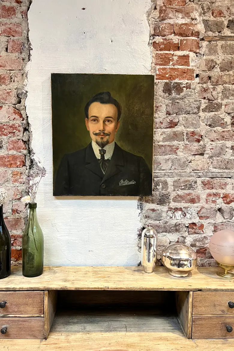 Ancien portrait d’ancêtre homme sur toile Début XXème