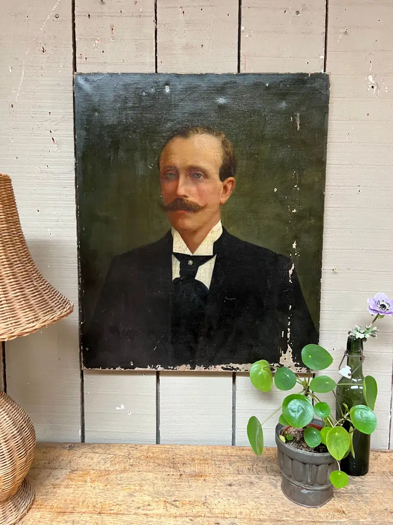 Ancien portrait d’ancêtre homme sur toile Début XXème
