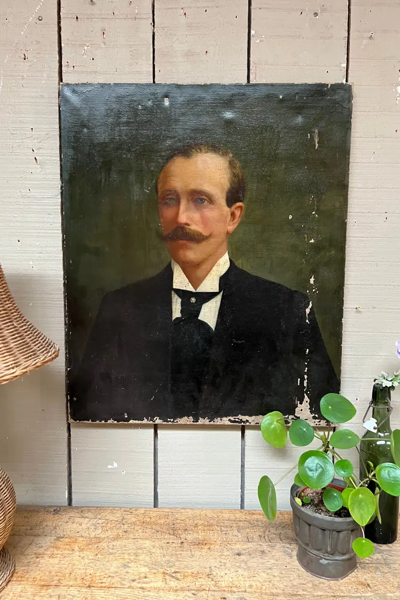Ancien portrait d’ancêtre homme sur toile Début XXème