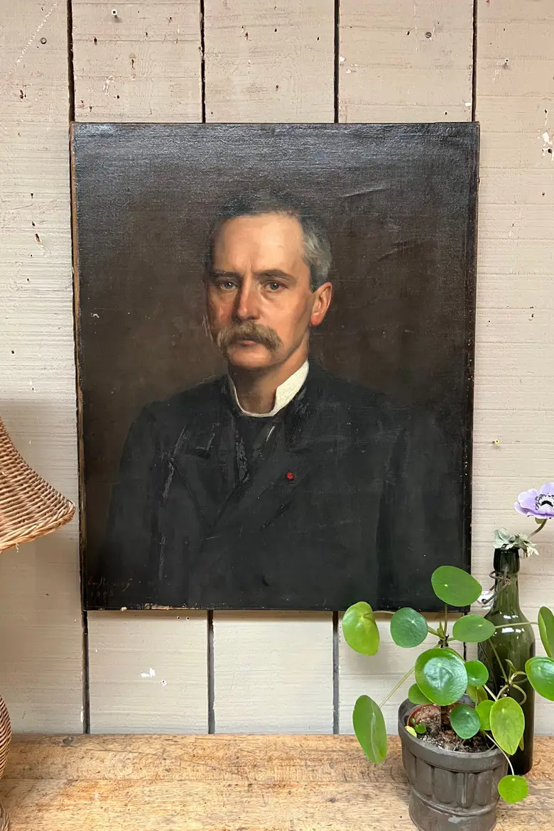 Ancien portrait d’ancêtre homme sur toile Début XXème
