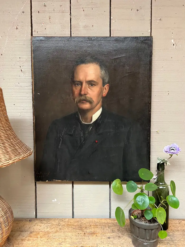 Ancien portrait d’ancêtre homme sur toile Début XXème