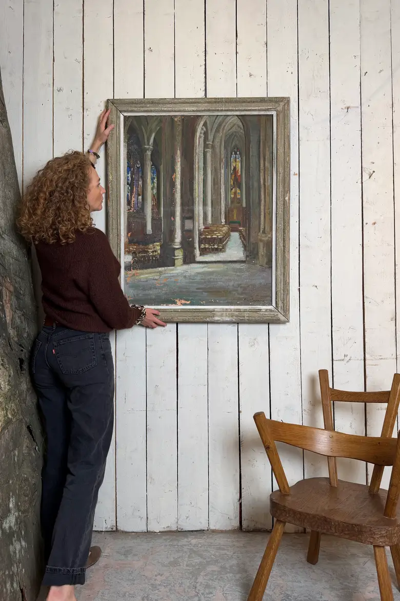 Ancienne huile sur toile – Intérieur d’église, XIXe siècle