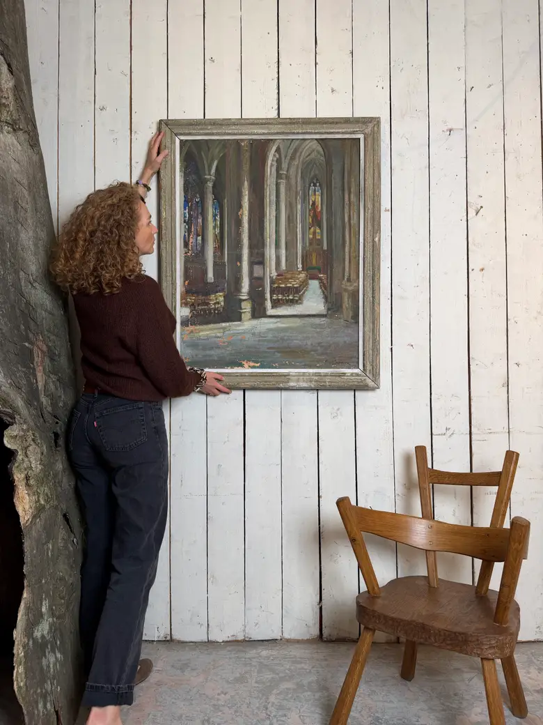 Ancienne huile sur toile – Intérieur d’église, XIXe siècle