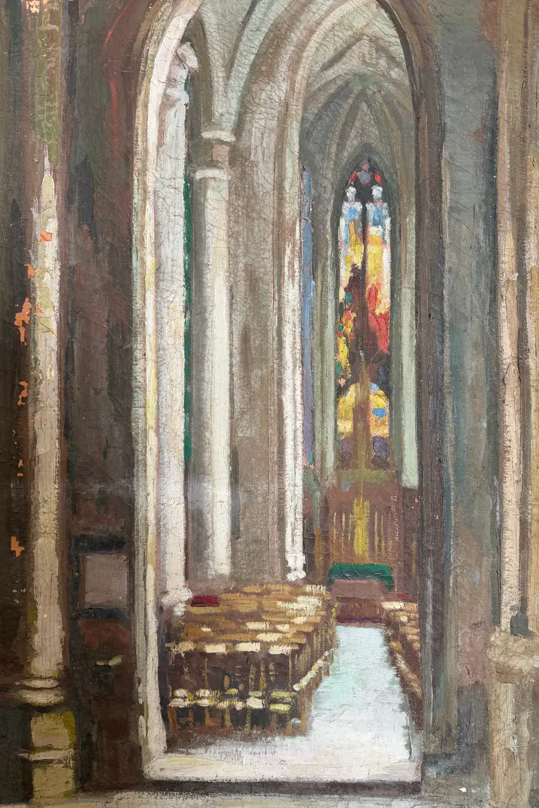 Ancienne huile sur toile – Intérieur d’église, XIXe siècle