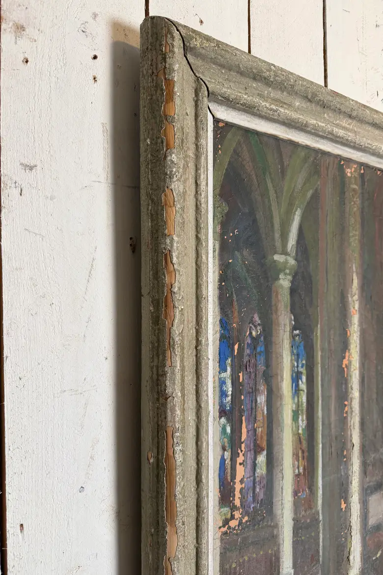 Ancienne huile sur toile – Intérieur d’église, XIXe siècle