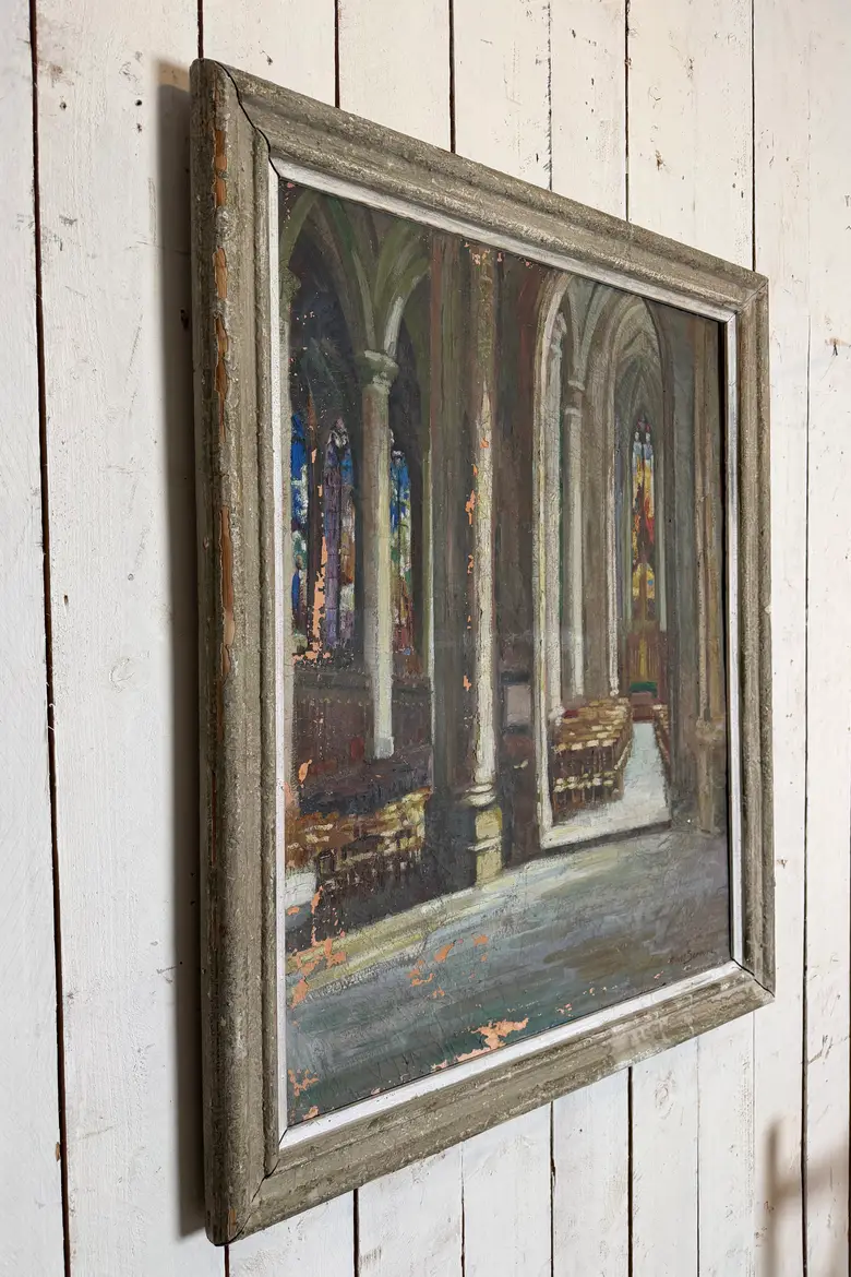 Ancienne huile sur toile – Intérieur d’église, XIXe siècle