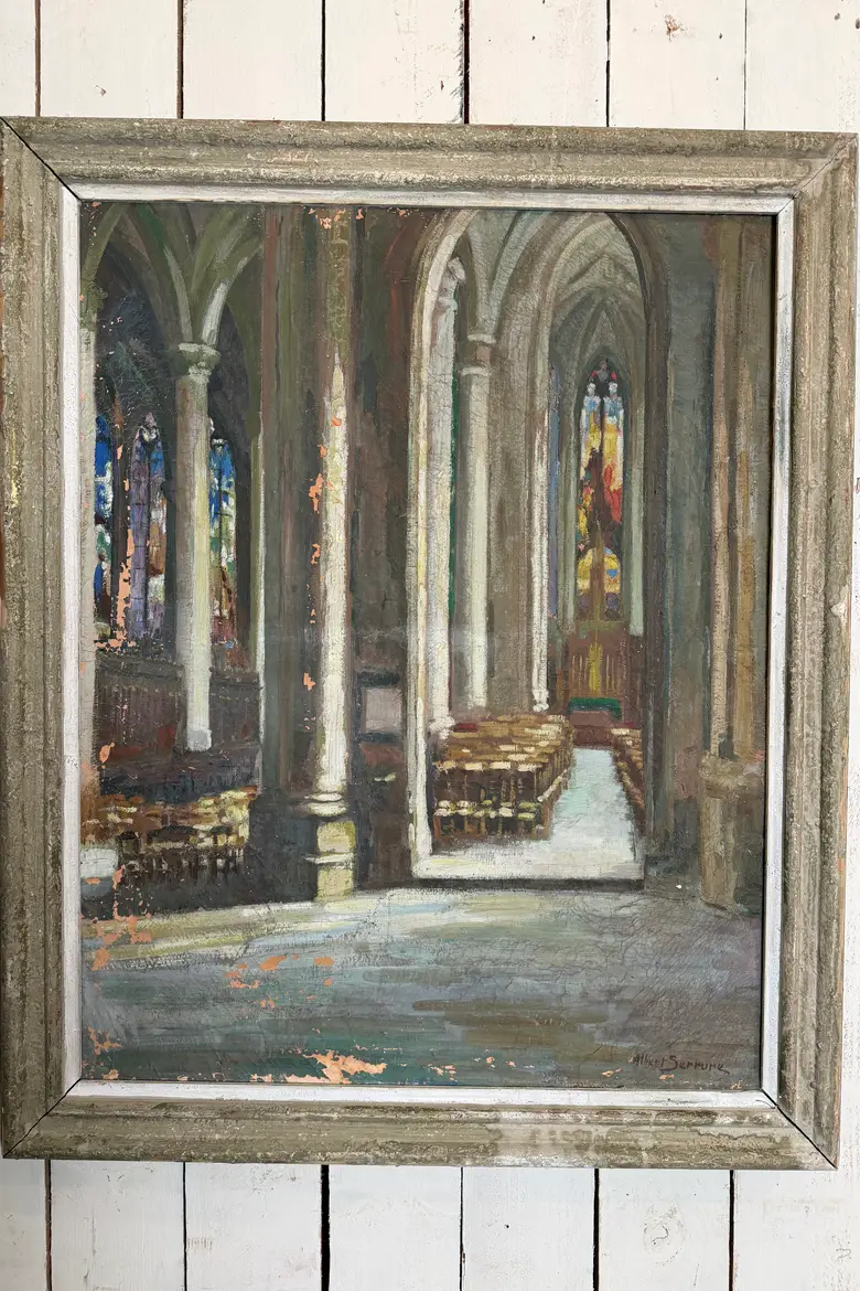 Ancienne huile sur toile – Intérieur d’église, XIXe siècle