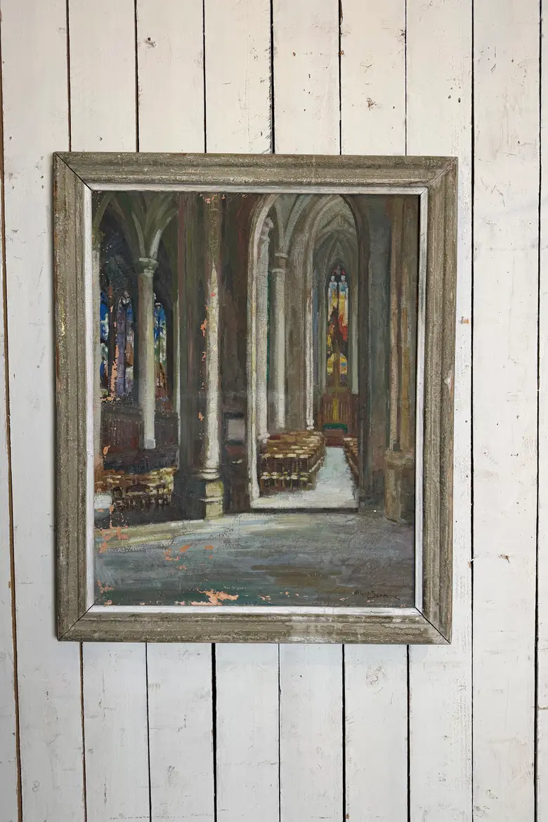 Ancienne huile sur toile – Intérieur d’église, XIXe siècle