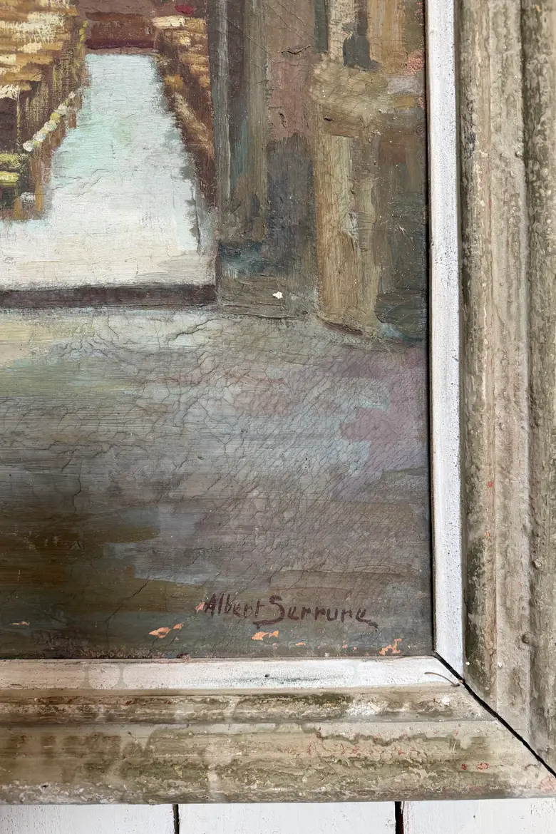 Ancienne huile sur toile – Intérieur d’église, XIXe siècle
