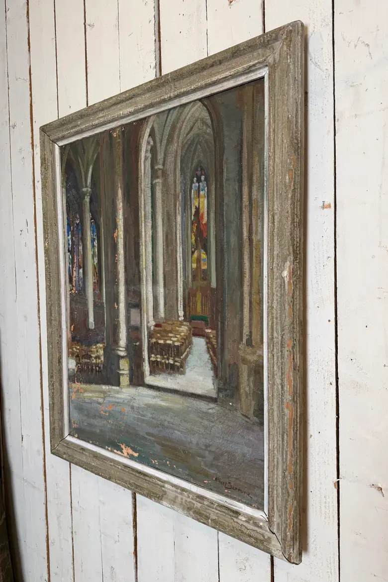 Ancienne huile sur toile – Intérieur d’église, XIXe siècle