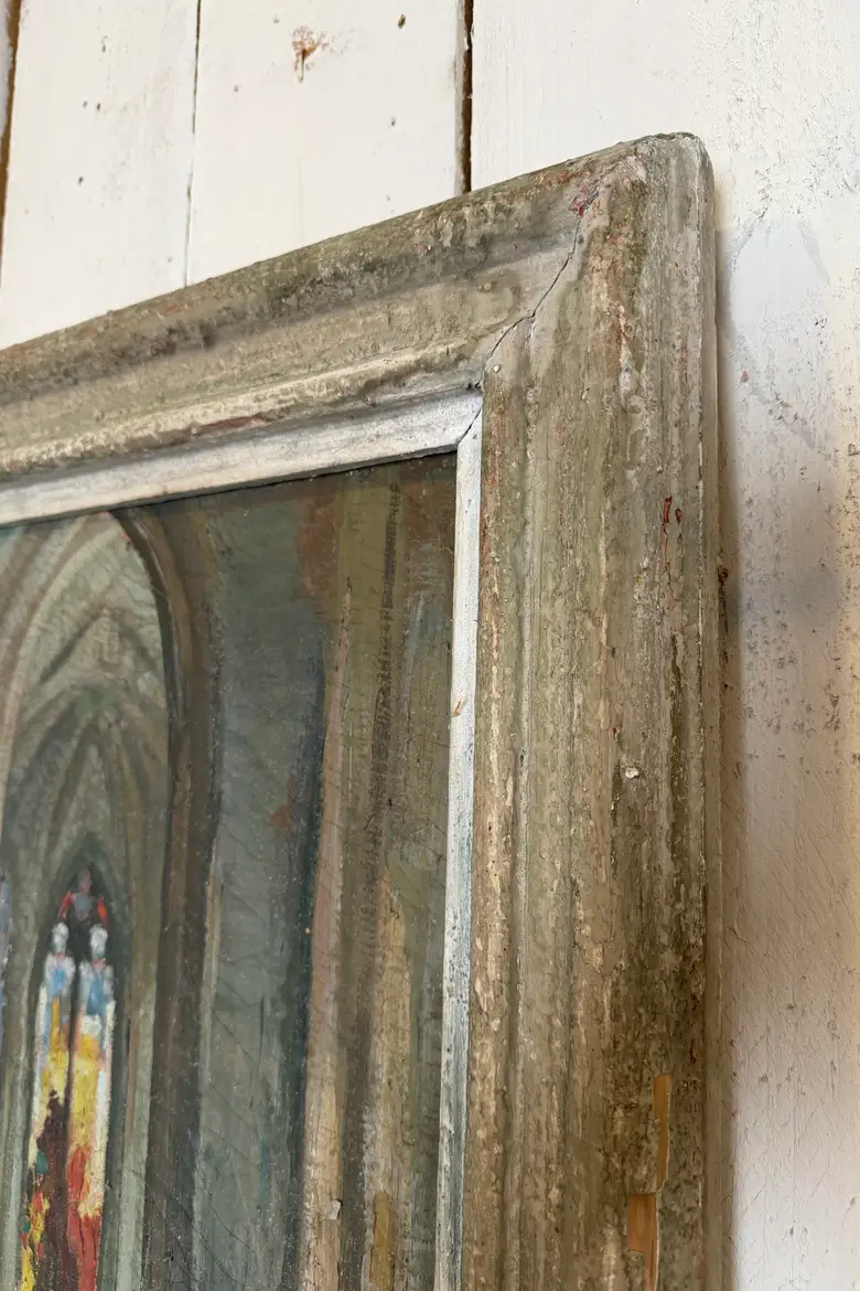 Ancienne huile sur toile – Intérieur d’église, XIXe siècle
