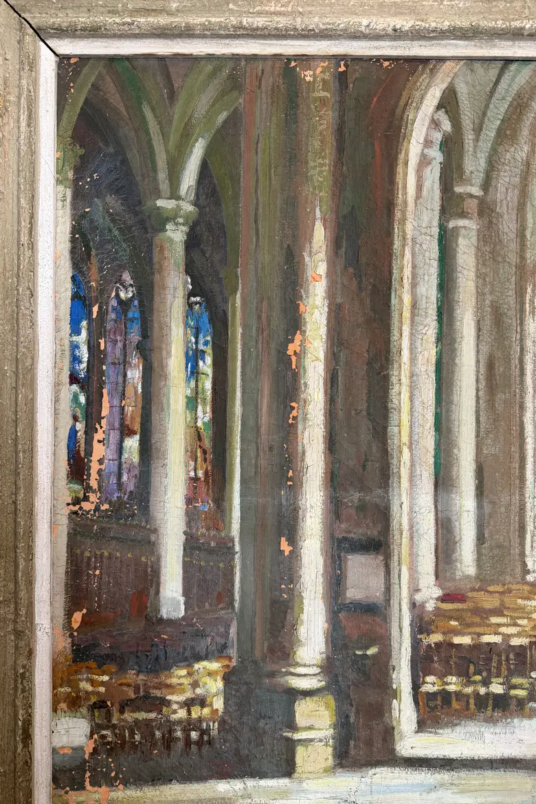 Ancienne huile sur toile – Intérieur d’église, XIXe siècle