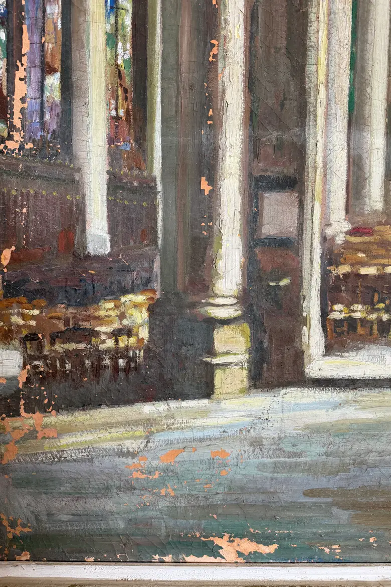 Ancienne huile sur toile – Intérieur d’église, XIXe siècle