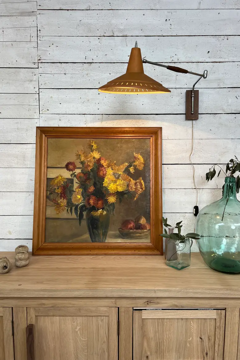 Ancienne peinture des années 1920 – Bouquet de dahlias
