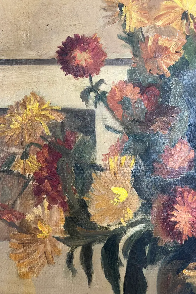 Ancienne peinture des années 1920 – Bouquet de dahlias