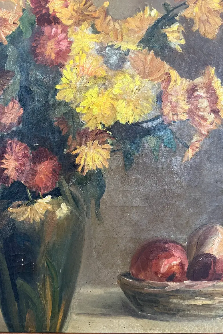 Ancienne peinture des années 1920 – Bouquet de dahlias