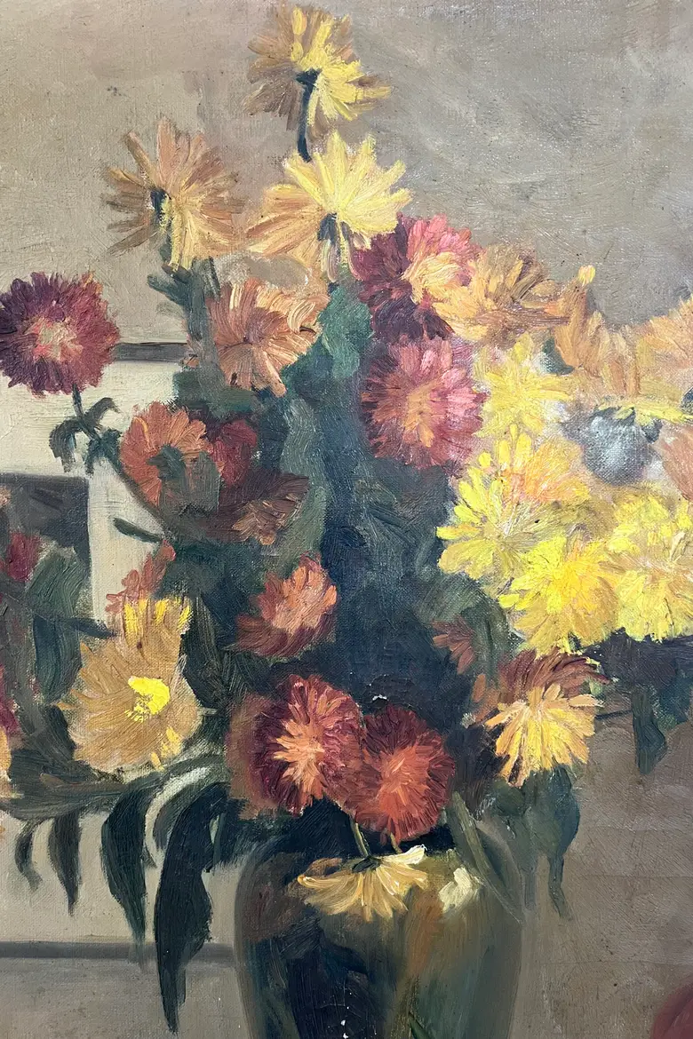 Ancienne peinture des années 1920 – Bouquet de dahlias