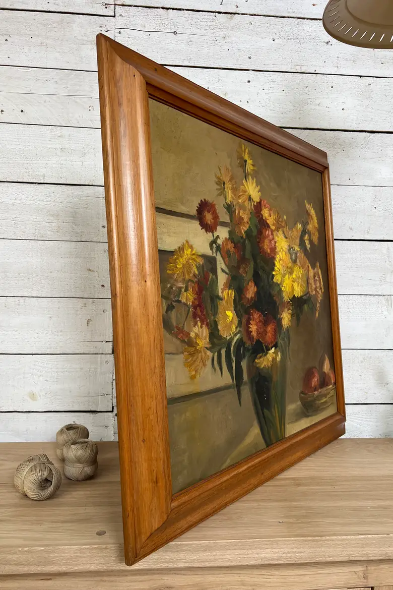 Ancienne peinture des années 1920 – Bouquet de dahlias