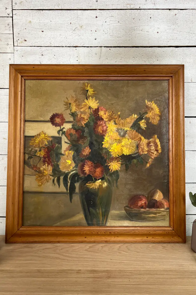 Ancienne peinture des années 1920 – Bouquet de dahlias