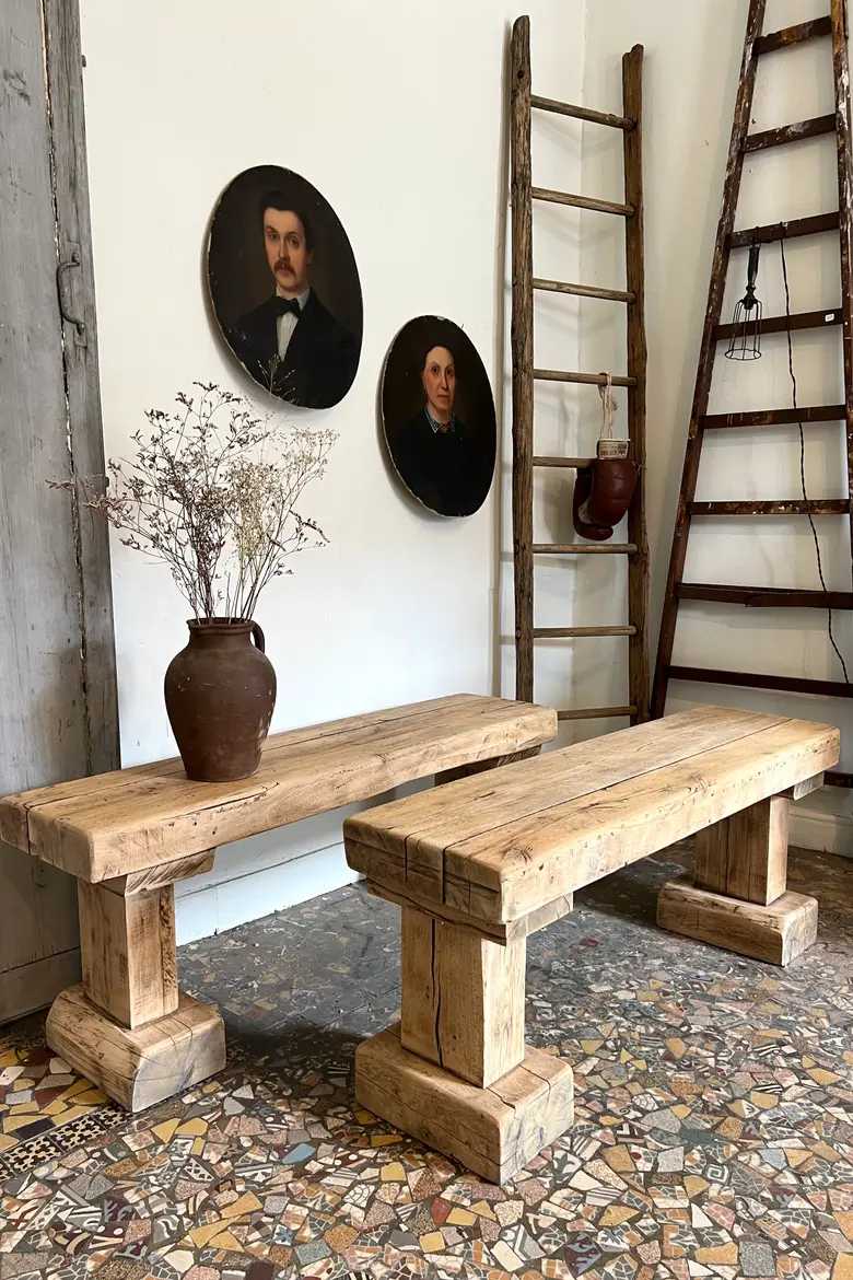 Banc brutaliste en chêne brut Début XXème