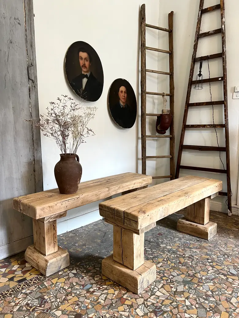 Banc brutaliste en chêne brut Début XXème