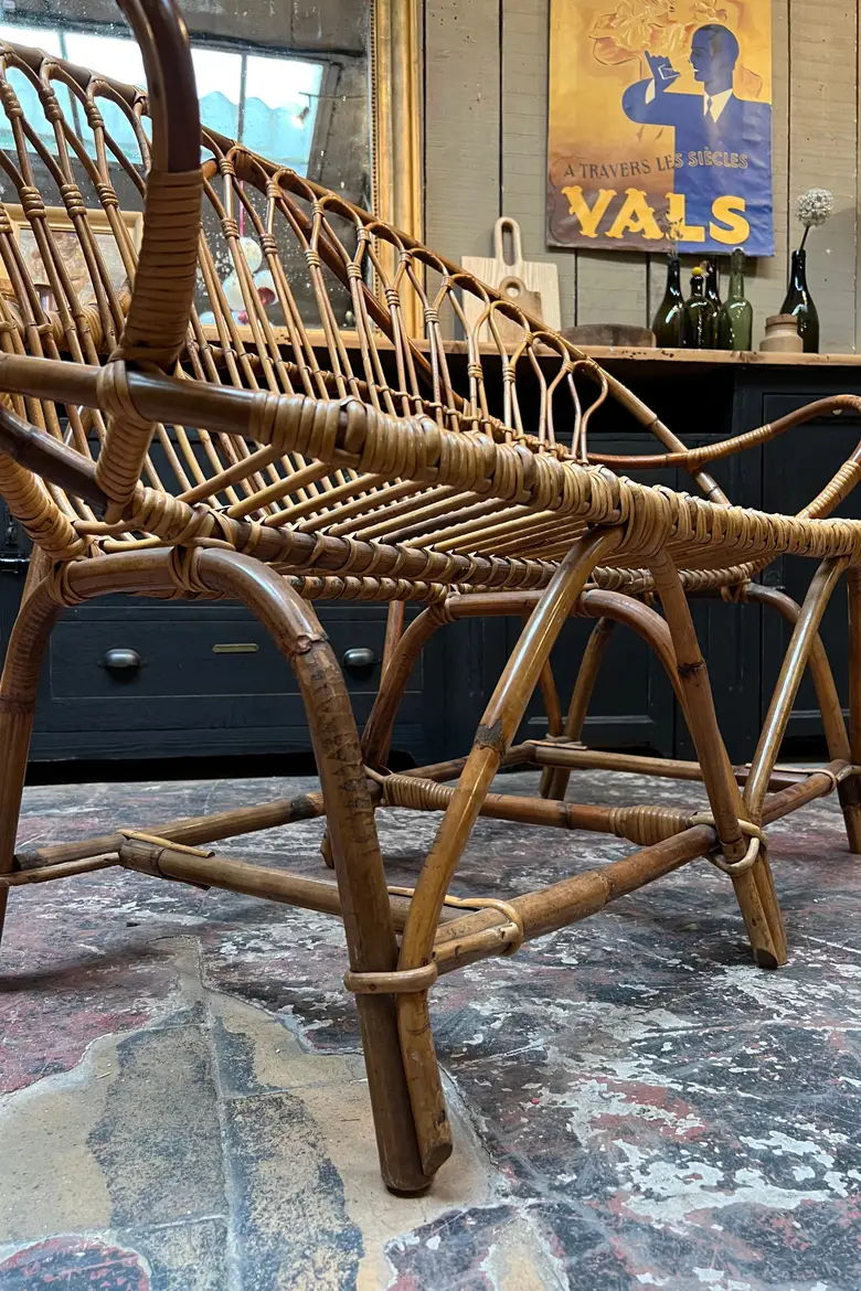 Banquette en rotin vintage Années 50