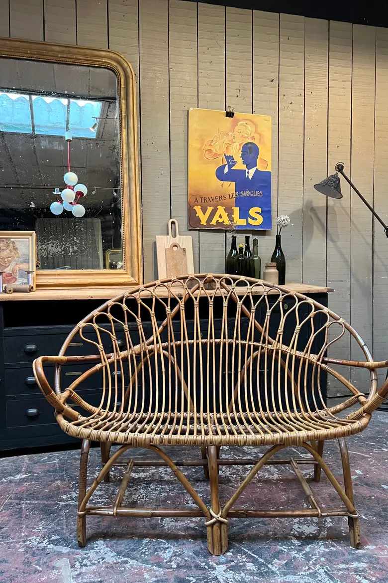 Banquette en rotin vintage Années 50