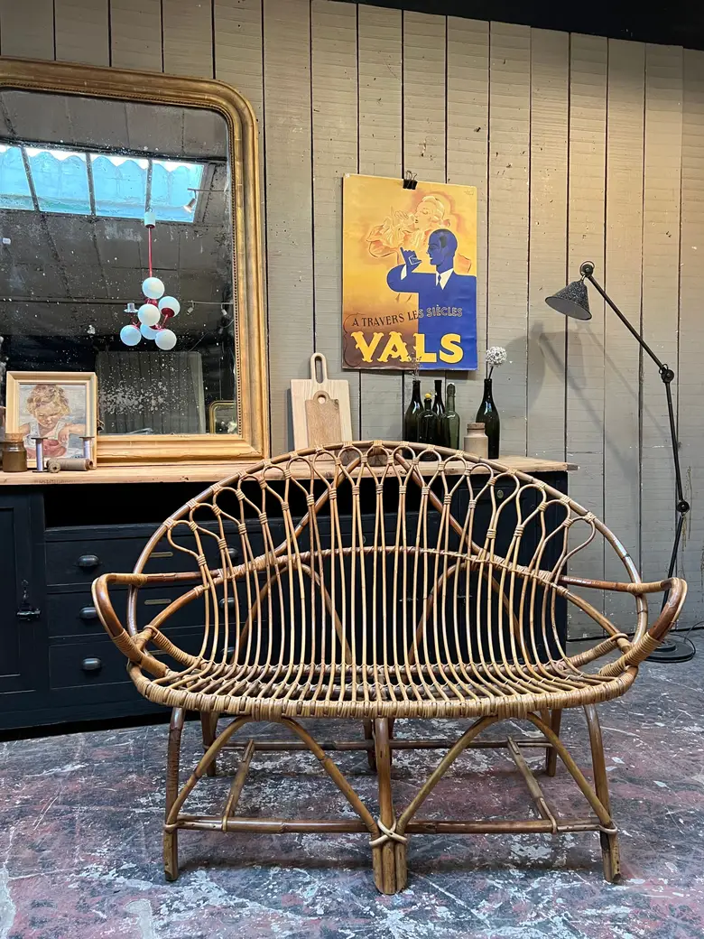 Banquette en rotin vintage Années 50