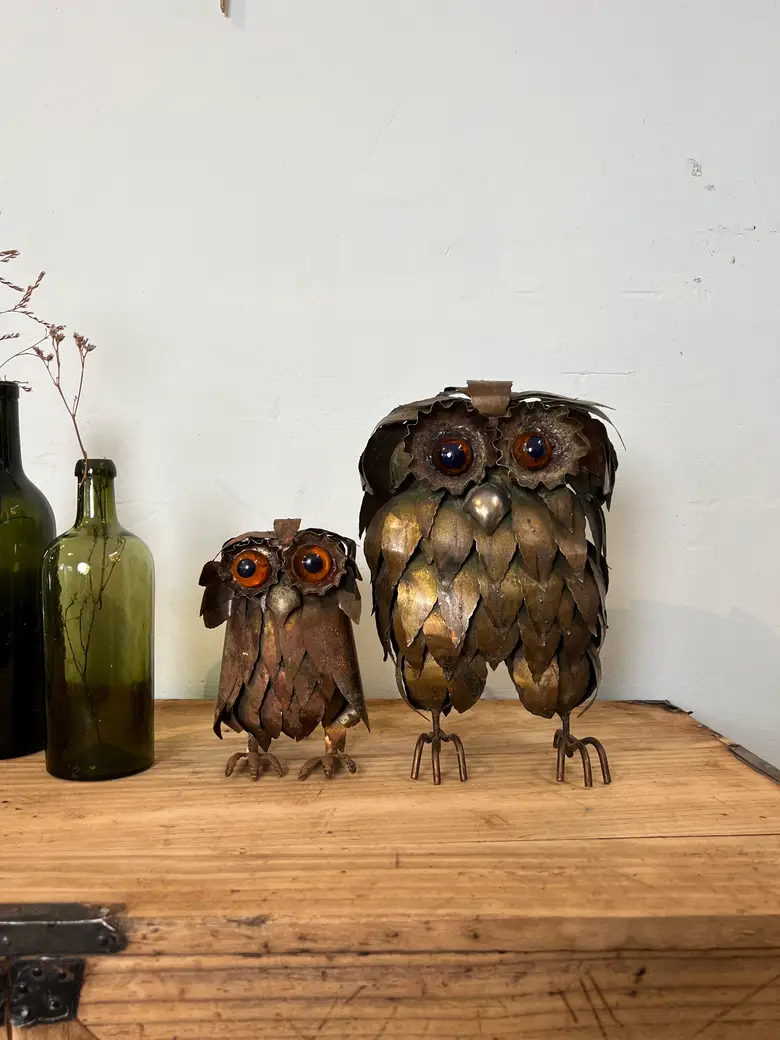 Couple de chouette et hibou en laiton Années70