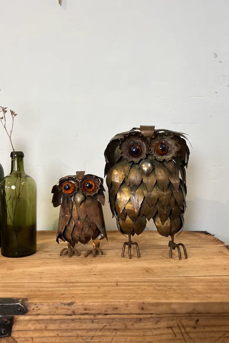 Couple de chouette et hibou en laiton Années70