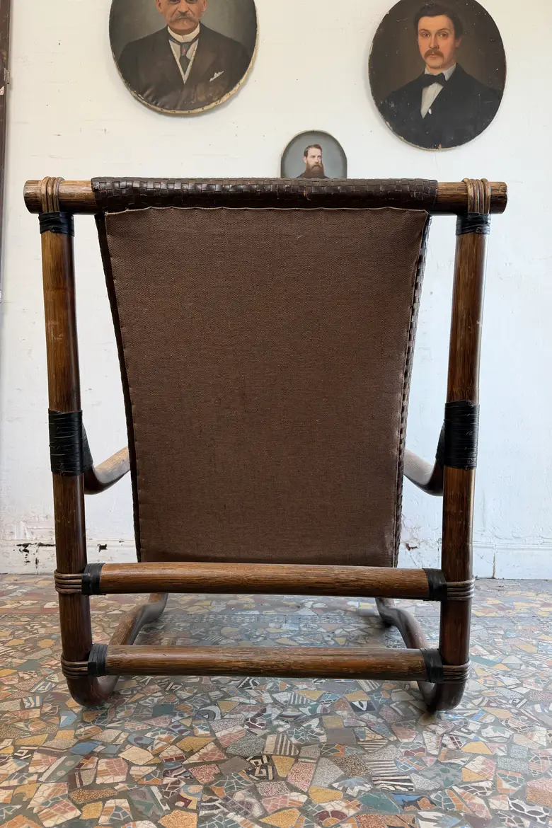Fauteuil en bambou et cuir tressé – années 70