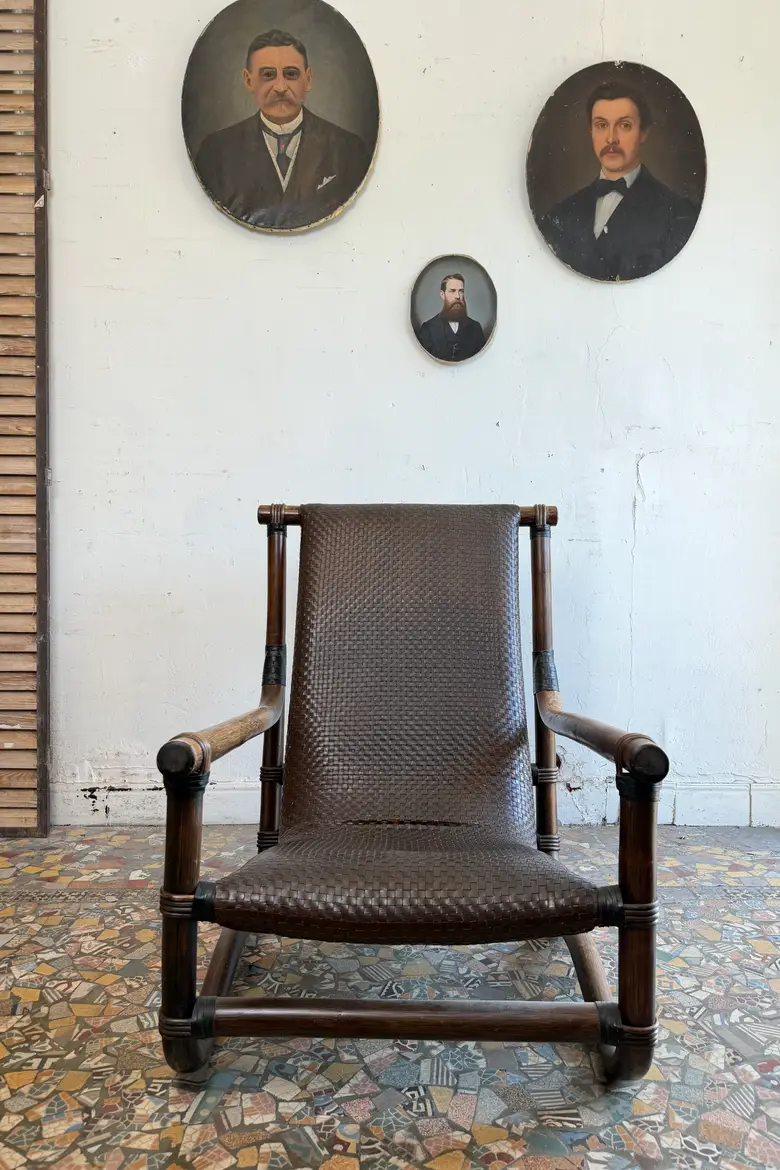 Fauteuil en bambou et cuir tressé – années 70